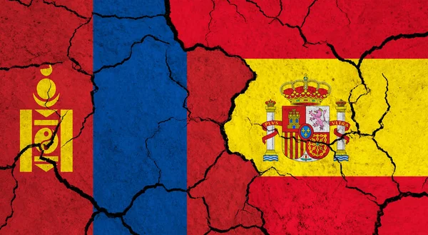Flags Mongolia Spain Cracked Surface Politics Relationship Concept — Stock Photo, Image