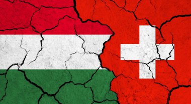Çatlak yüzey üzerinde Macaristan ve İsviçre bayrakları - politika ve ilişki konsepti