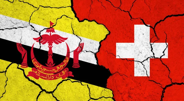 Bandeiras Brunei Suíça Superfície Rachada Política Conceito Relacionamento — Fotografia de Stock