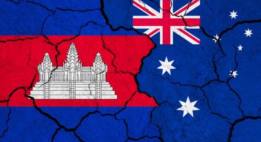 Çatlak yüzey üzerinde Kamboçya ve Avustralya bayrakları - politika, ilişki konsepti