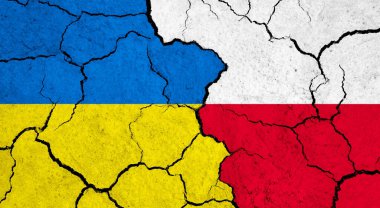 Çatlak yüzey üzerinde Ukrayna ve Polonya bayrakları - politika, ilişki konsepti