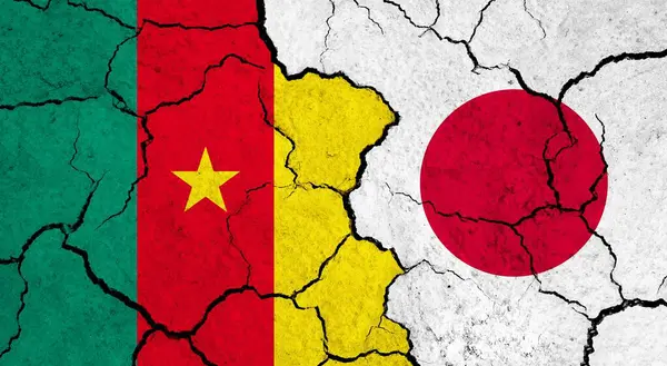 Flags of Cameroon and Japan on cracked surface - politics, relationship concept