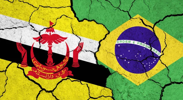 Bandeiras Brunei Brasil Superfície Rachada Política Conceito Relacionamento — Fotografia de Stock