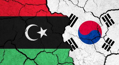 Çatlamış yüzeyde Libya ve Güney Kore bayrakları - politika, ilişki konsepti