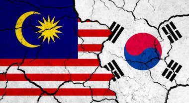Çatlak yüzey üzerinde Malezya ve Güney Kore bayrakları - politika, ilişki konsepti