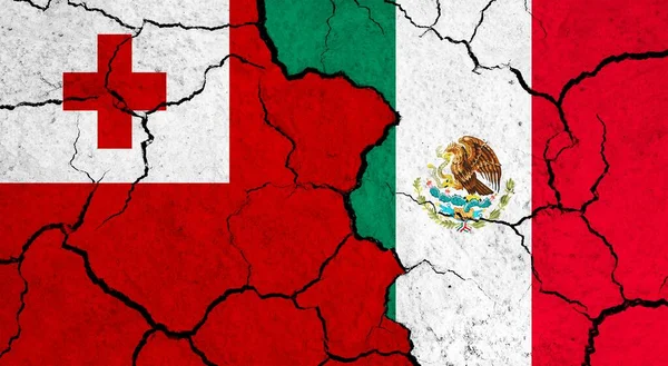 汤加和墨西哥关于破裂表面政治 关系概念的旗帜 — 图库照片