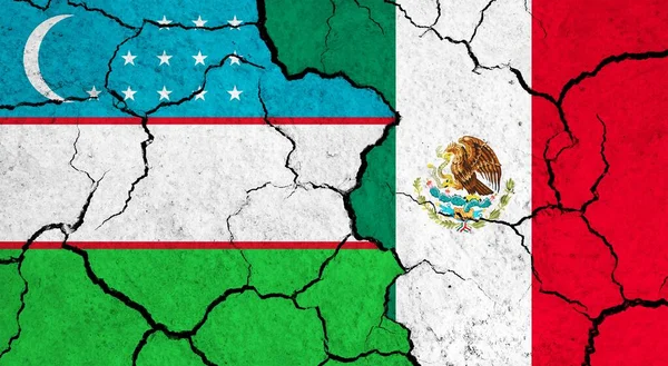 Flags Uzbekistan Mexico Cracked Surface Politics Relationship Concept — Stock Photo, Image