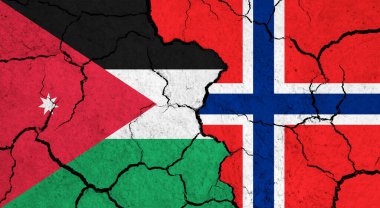 Kırık yüzey üzerine Ürdün ve Norveç bayrakları - politika, ilişki konsepti