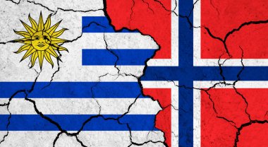 Çatlak yüzey üzerinde Uruguay ve Norveç bayrakları - politika, ilişki konsepti