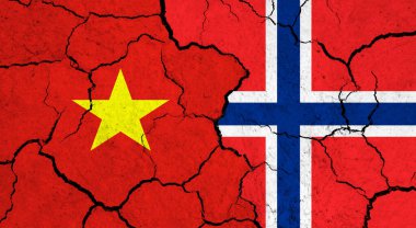 Çatlamış yüzey üzerinde Vietnam ve Norveç bayrakları - politika, ilişki konsepti