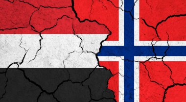 Çatlak yüzeyde Yemen ve Norveç bayrakları - politika, ilişki konsepti