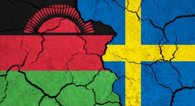 Çatlak yüzey üzerinde Malawi ve İsveç bayrakları - politika, ilişki konsepti