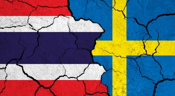 Flags of Thailand and Sweden on cracked surface - politics, relationship concept