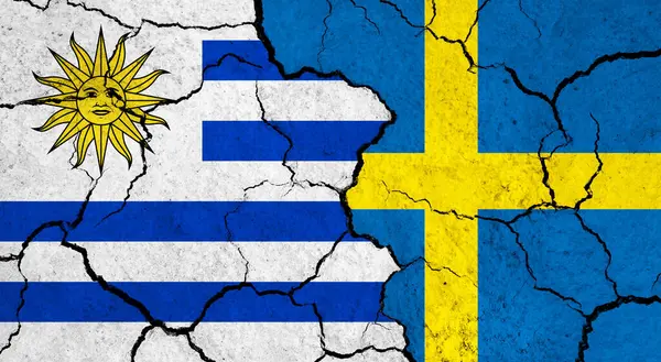 Flags Uruguay Sweden Cracked Surface Politics Relationship Concept — Stock Photo, Image