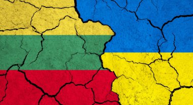 Kırık yüzeyde Litvanya ve Ukrayna bayrakları - politika, ilişki konsepti