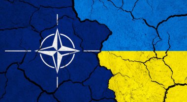 Çatlak yüzeyde NATO ve Ukrayna bayrakları - siyaset, ilişki konsepti