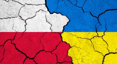 Çatlak yüzeyde Polonya ve Ukrayna bayrakları - politika, ilişki konsepti