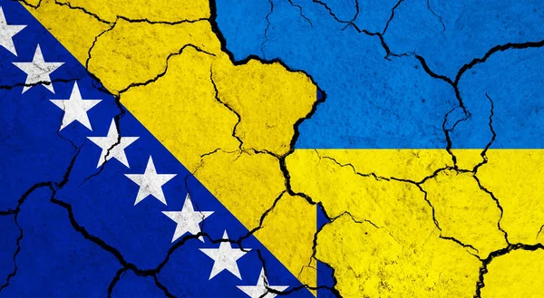 Çatlak yüzeyde Bosna ve Ukrayna bayrakları - siyaset ve ilişki kavramı