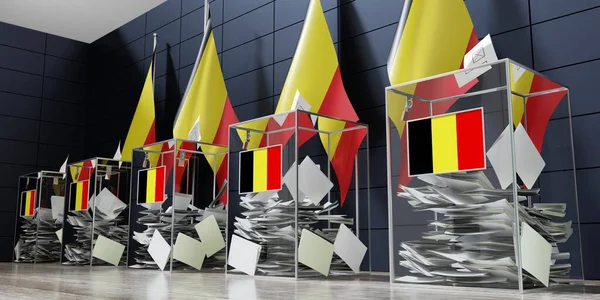 比利时 几个投票箱和国旗 选举概念 3D说明 — 图库照片