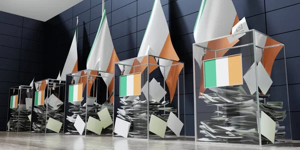爱尔兰 几个投票箱和国旗 选举概念 3D插图 — 图库照片