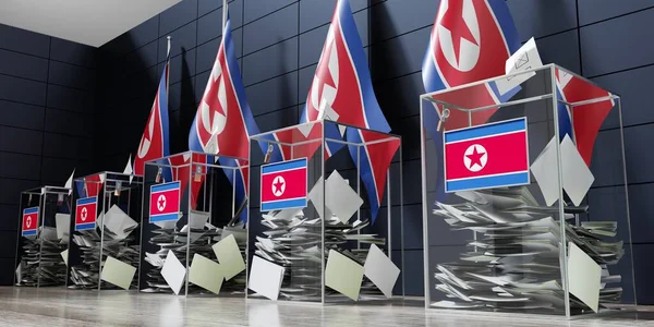 北朝鲜 几个投票箱和国旗 选举概念 3D插图 — 图库照片
