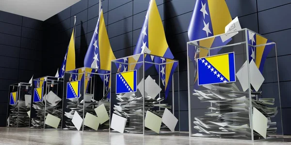 波斯尼亚和黑塞哥维那 若干投票箱和旗帜 选举概念 3D说明 — 图库照片