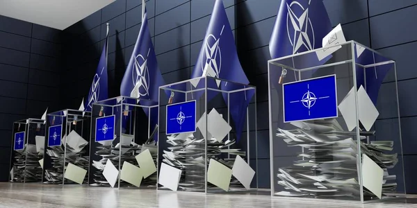 几个投票箱和旗帜 选举概念 3D说明 — 图库照片