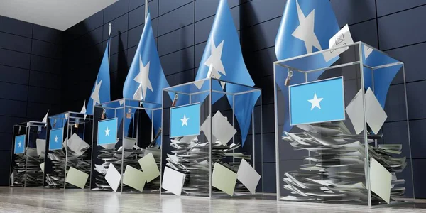 索马里 几个投票箱和旗帜 选举概念 3D说明 — 图库照片