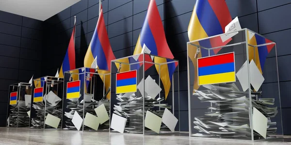 亚美尼亚 几个投票箱和国旗 选举概念 3D说明 — 图库照片