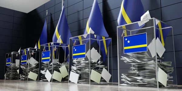 库拉索岛 几个投票箱和旗子 选举概念 3D说明 — 图库照片