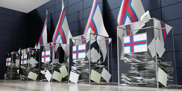 法罗群岛 几个投票箱和国旗 选举概念 3D说明 — 图库照片