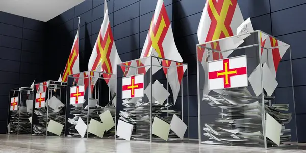 格恩西岛 几个投票箱和旗帜 选举概念 3D说明 — 图库照片