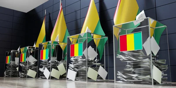 几内亚 几个投票箱和国旗 选举概念 3D说明 — 图库照片