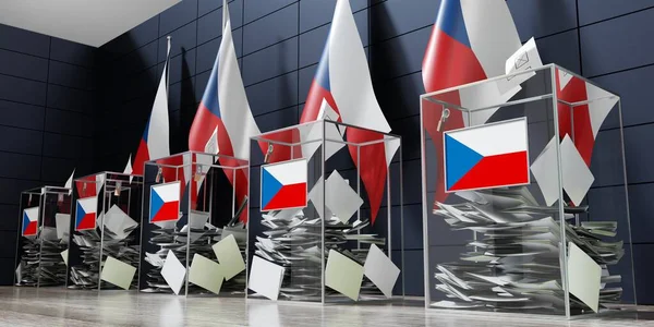 捷克共和国 几个投票箱和国旗 选举概念 3D说明 — 图库照片