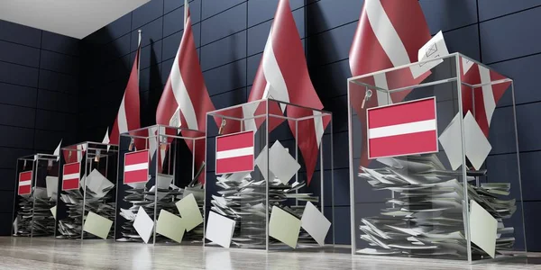 拉脱维亚 几个投票箱和国旗 选举概念 3D说明 — 图库照片
