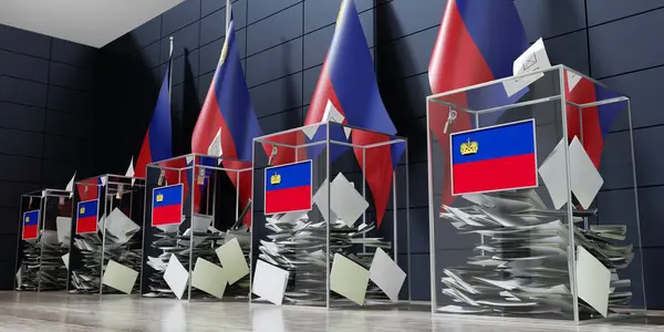 列支敦士登 几个投票箱和国旗 选举概念 3D说明 — 图库照片