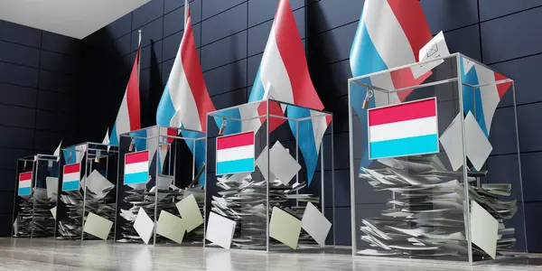 卢森堡 几个投票箱和国旗 选举概念 3D说明 — 图库照片