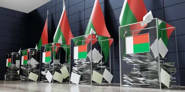 Madagaszkár Több Urna Zászló Szavazás Választási Koncepció Illusztráció — Stock Fotó