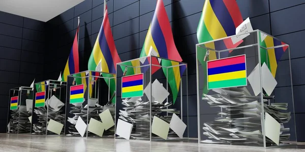 毛里求斯 几个投票箱和国旗 选举概念 3D说明 — 图库照片