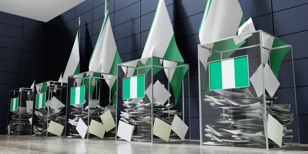尼日利亚 几个投票箱和国旗 选举概念 3D说明 — 图库照片