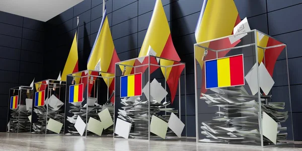 罗马尼亚 几个投票箱和国旗 选举概念 3D说明 — 图库照片
