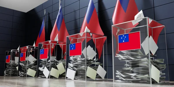 萨摩亚 几个投票箱和国旗 选举概念 3D说明 — 图库照片