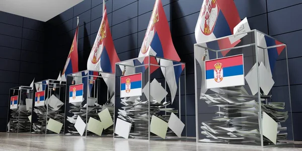 塞尔维亚 几个投票箱和国旗 选举概念 3D说明 — 图库照片