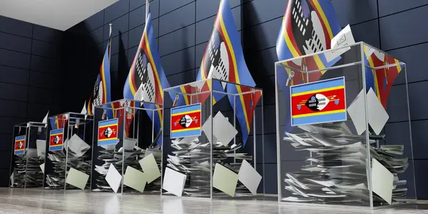 Eswatini 若干投票箱和旗帜 选举概念 3D说明 — 图库照片