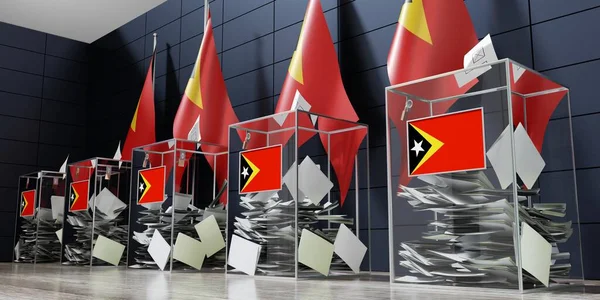 东帝汶 几个投票箱和国旗 选举概念 3D说明 — 图库照片