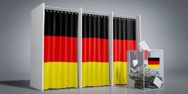 Almanya - ülke bayrağı ve oy sandığı olan oy kabinleri - 3D illüstrasyon