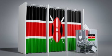 Kenya - ülke bayrağı ve oy sandığı olan oy kabinleri - 3D illüstrasyon