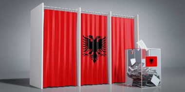 Arnavutluk - ülke bayrağı ve oy sandığı olan kabinler - 3D illüstrasyon