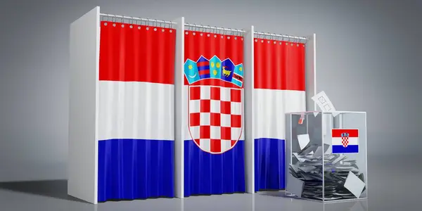 克罗地亚 带有国旗和投票箱的投票亭 3D插图 — 图库照片