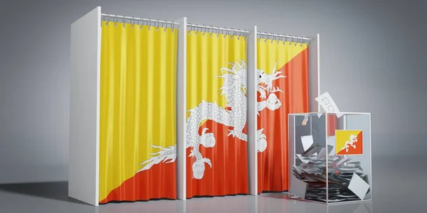 Bhutan - voting booths with country flag and ballot box - 3D illustration